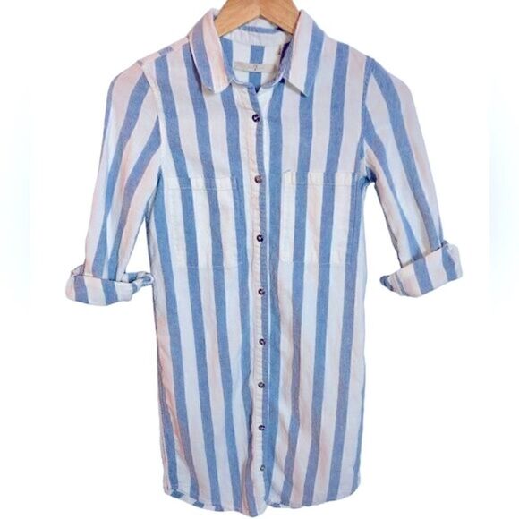7 for All Mankind Striped White Blue Button Down Collar Shirt Dress Size XS - Picture 4 of 6